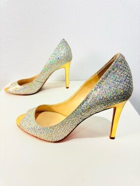 Enzo Angiolini Eamerryann Glitter Peep Toe Gold Stiletto Heels 8.5 Narrow